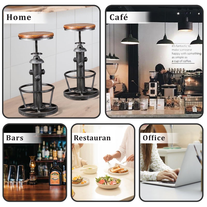 Topower Antique Industrial Round Bottom Adjustable Height Cafe Coffee Retro Vintage Stylish Water Pipe Design Pub Kitchen Bar Stool (Silver, Wooden Top) - Image 5
